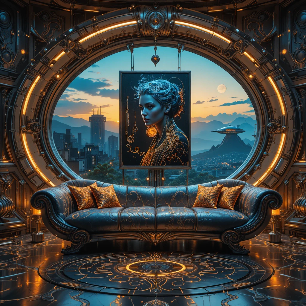 Sala de Estar Barroca Futurista com Sofá de Metal e Vista para a Cidade