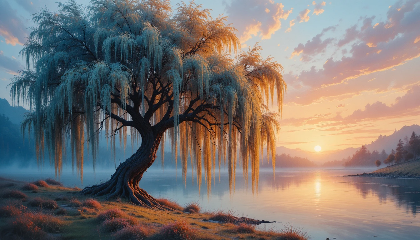 Majestic Willow Tree Reflected In A Calm Sunset River