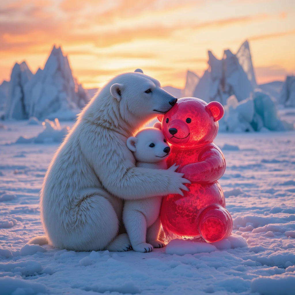 Ursa‑polar e filhote abraçando escultura de ursinho de gelo vermelho