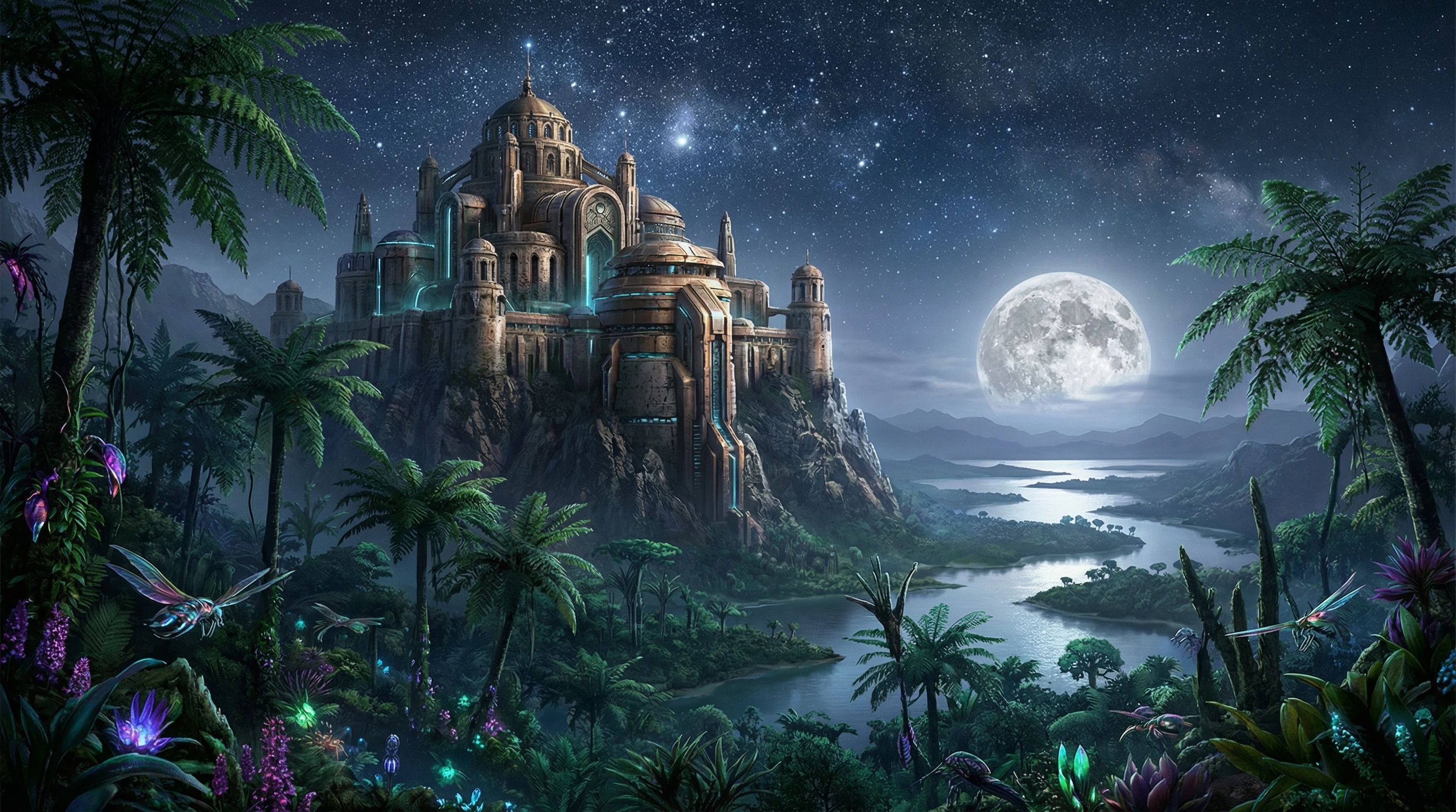 Castelo de montanha sci‑fi ao luar sobre uma selva alienígena