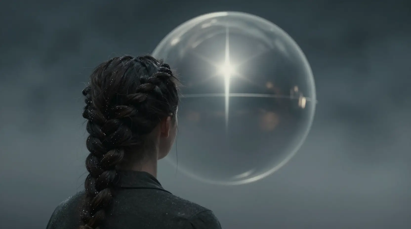 Woman with braided hair facing a reflective steel sphere