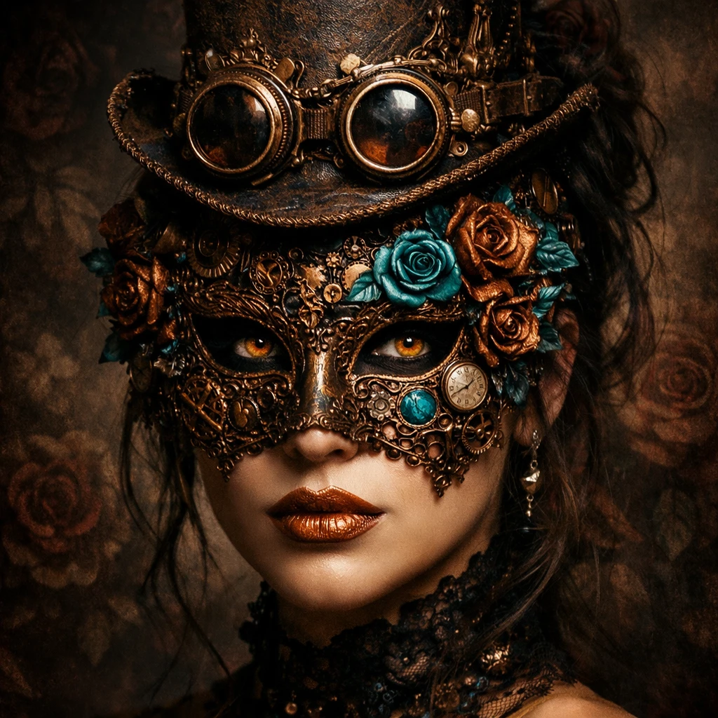 Surreale Steampunk-Frau mit venezianischer Maske und Zylinder – Porträt