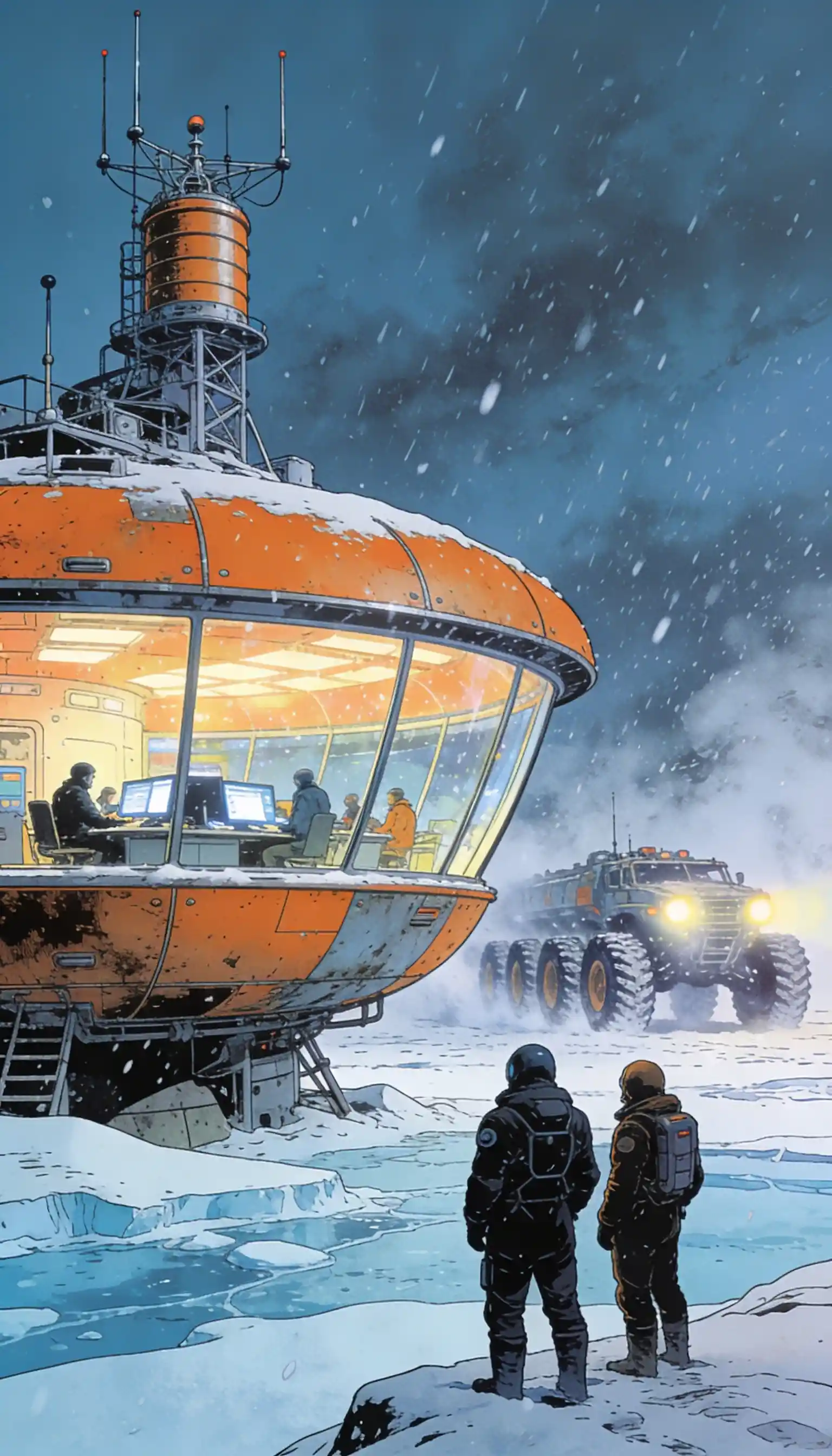 Futuristische Überlebende nähern sich einem orangefarbenen Außenposten im Schneesturm
