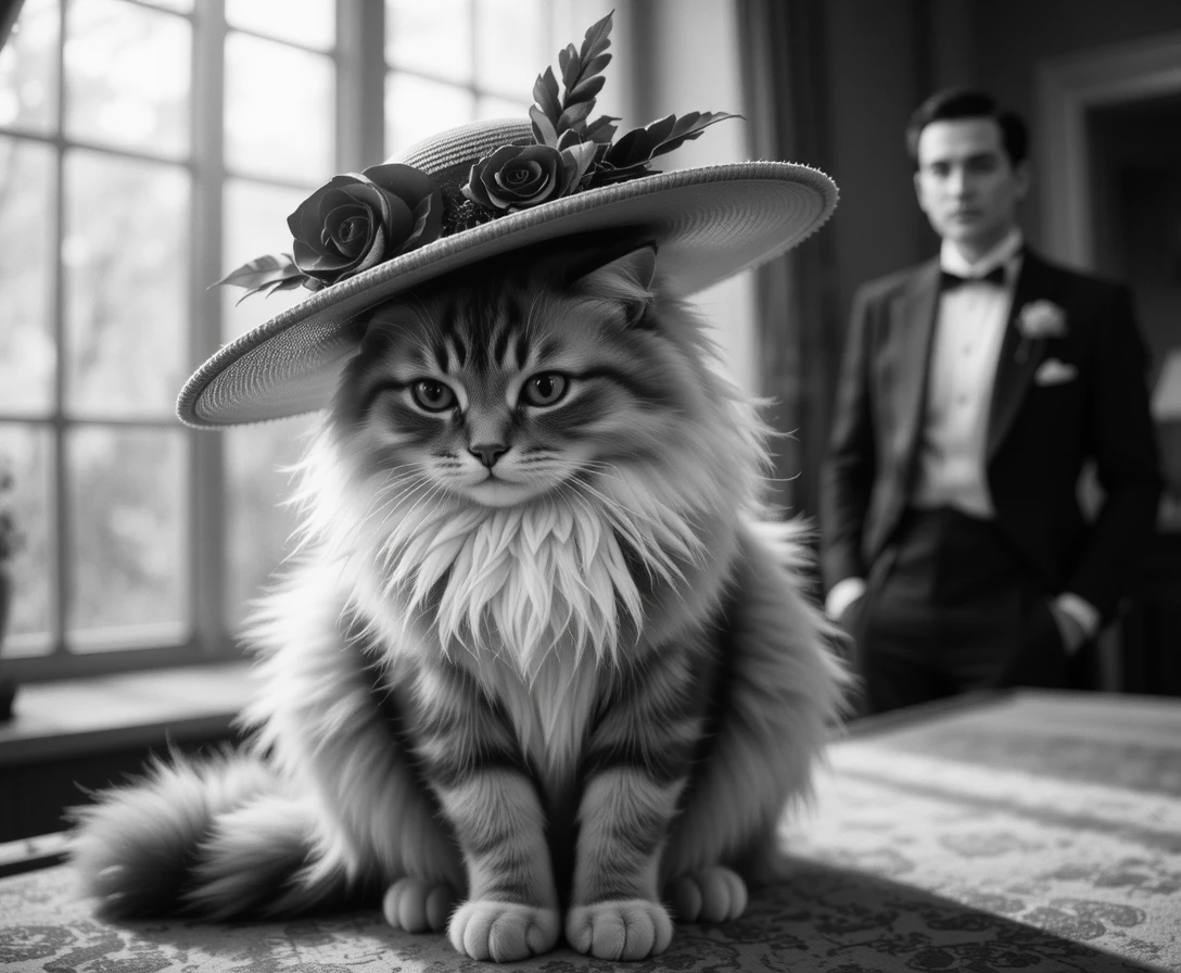 Gato fofo arco-íris com chapéu vintage em retrato de filme monocromático