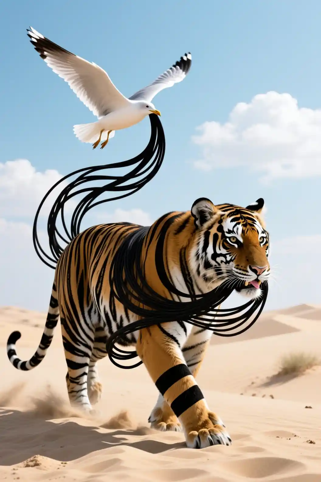 Tigre du Bengale surréaliste marchant sur des dunes de sable ensoleillées