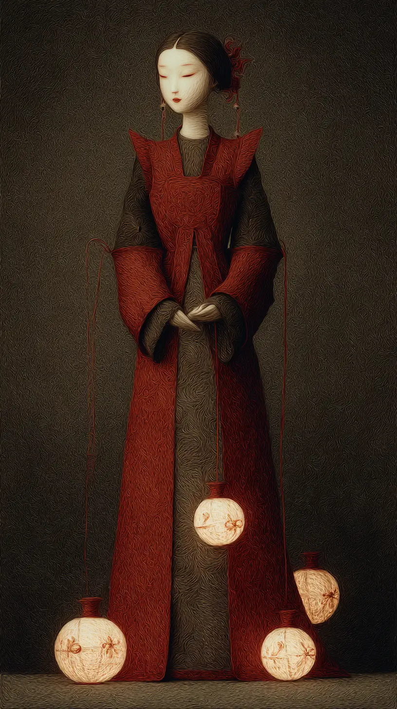 Traditional Chinese bride with glowing red lanterns in felt