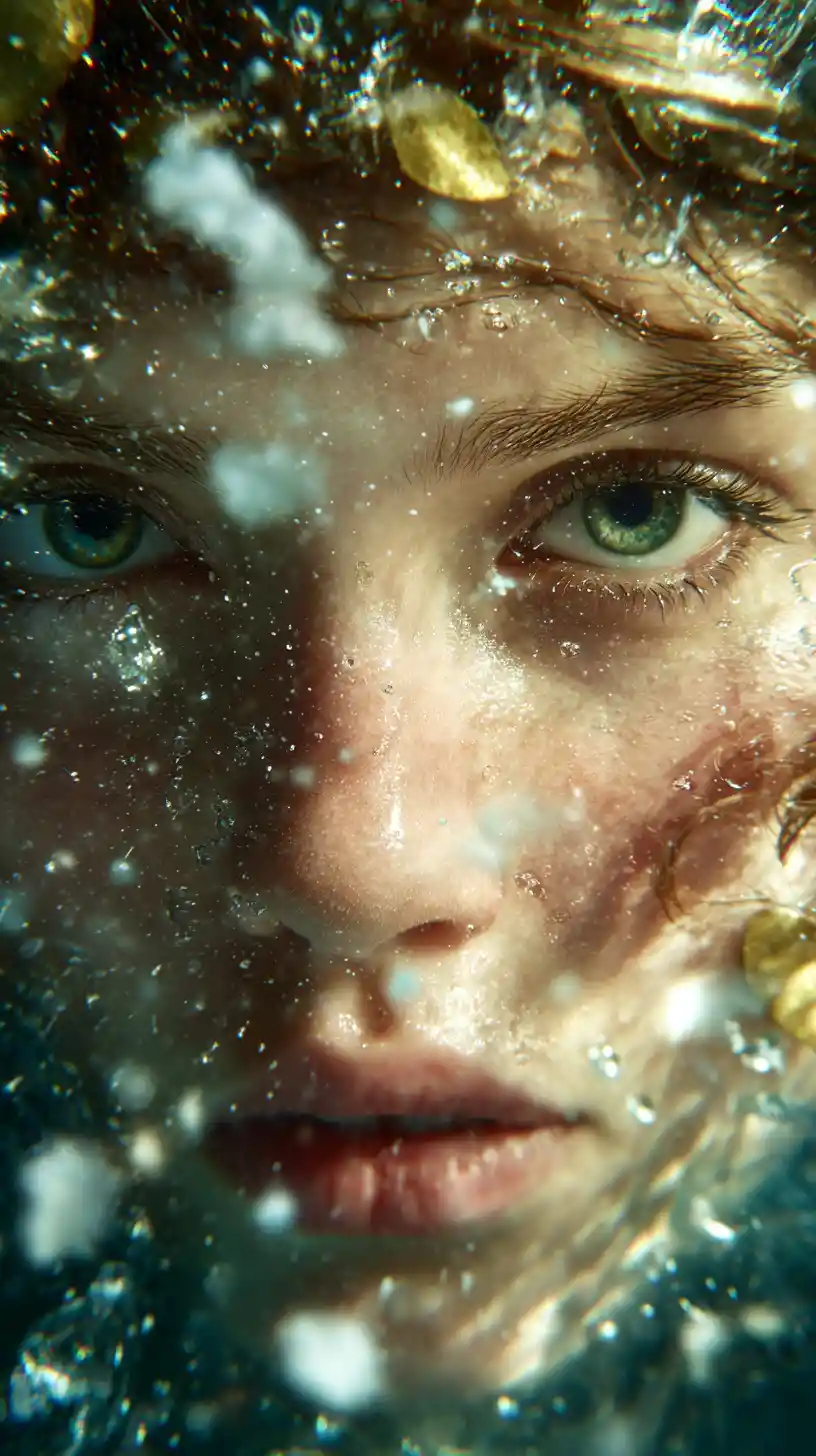 Enchanted woman frozen in magical underwater ice portrait