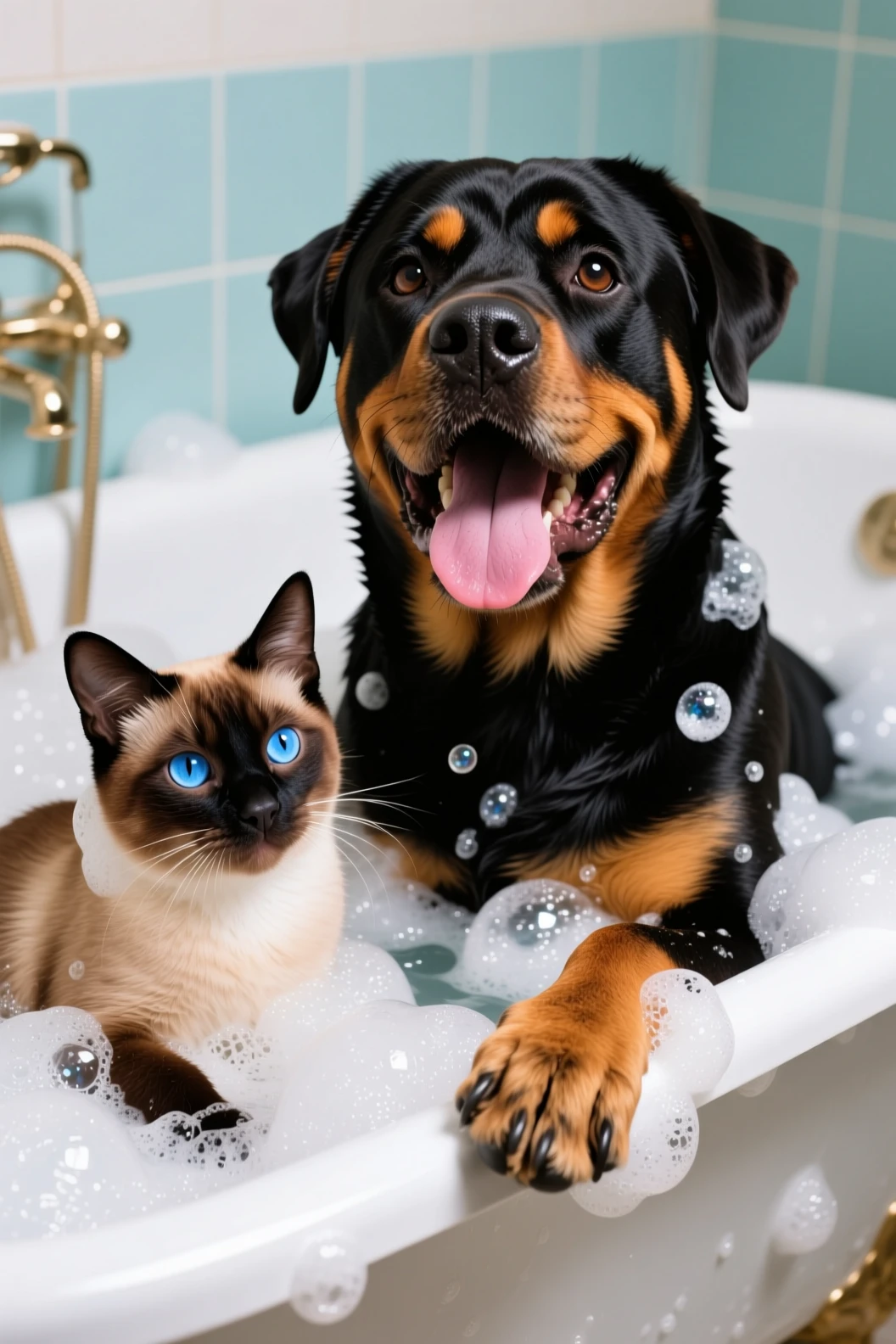 Rottweiler e gato Siamês compartilhando um banho de espuma divertido