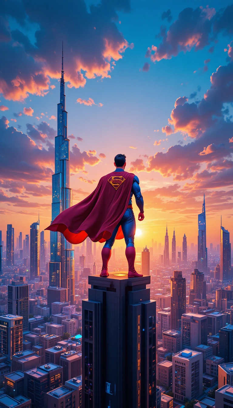Superhero Overlooking Dubai Skyline At Glowing Sunset