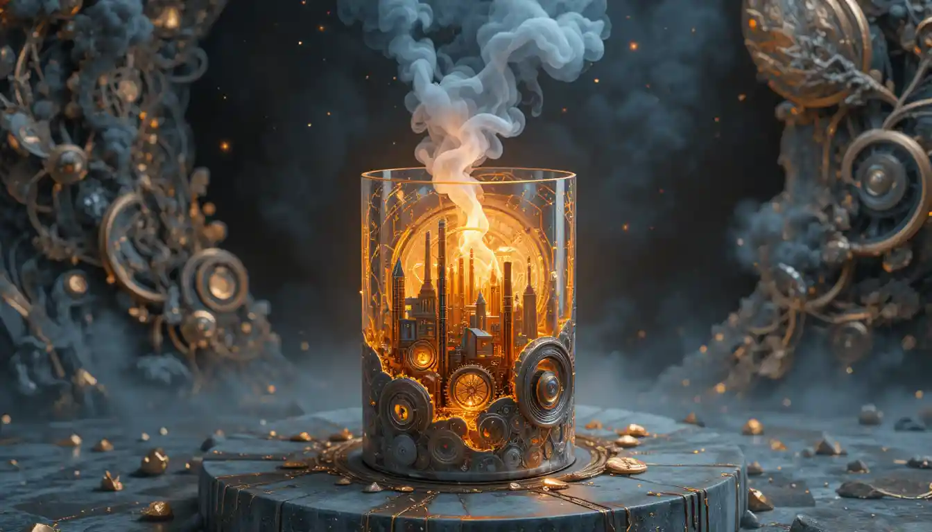 Candle Containing A Steampunk City On Stone Surface