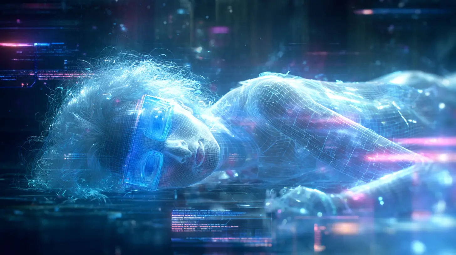 Holographische Frau liegt in von Glitches erfülltem digitalen Cyberspace