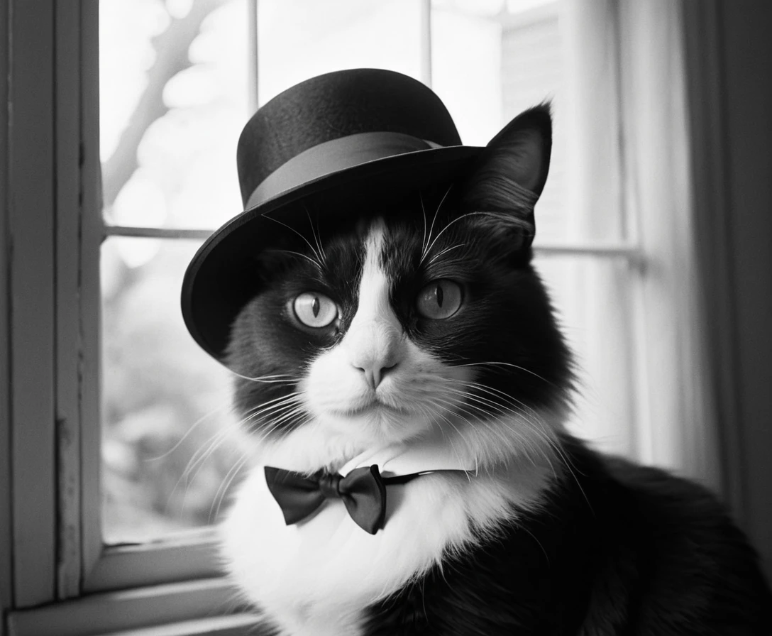 Gato Arco-Íris Peludo com Chapéu Vintage em Retrato em Preto e Branco