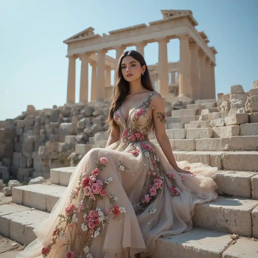 Giovane donna in abito ricamato sui gradini di pietra dell'Acropoli