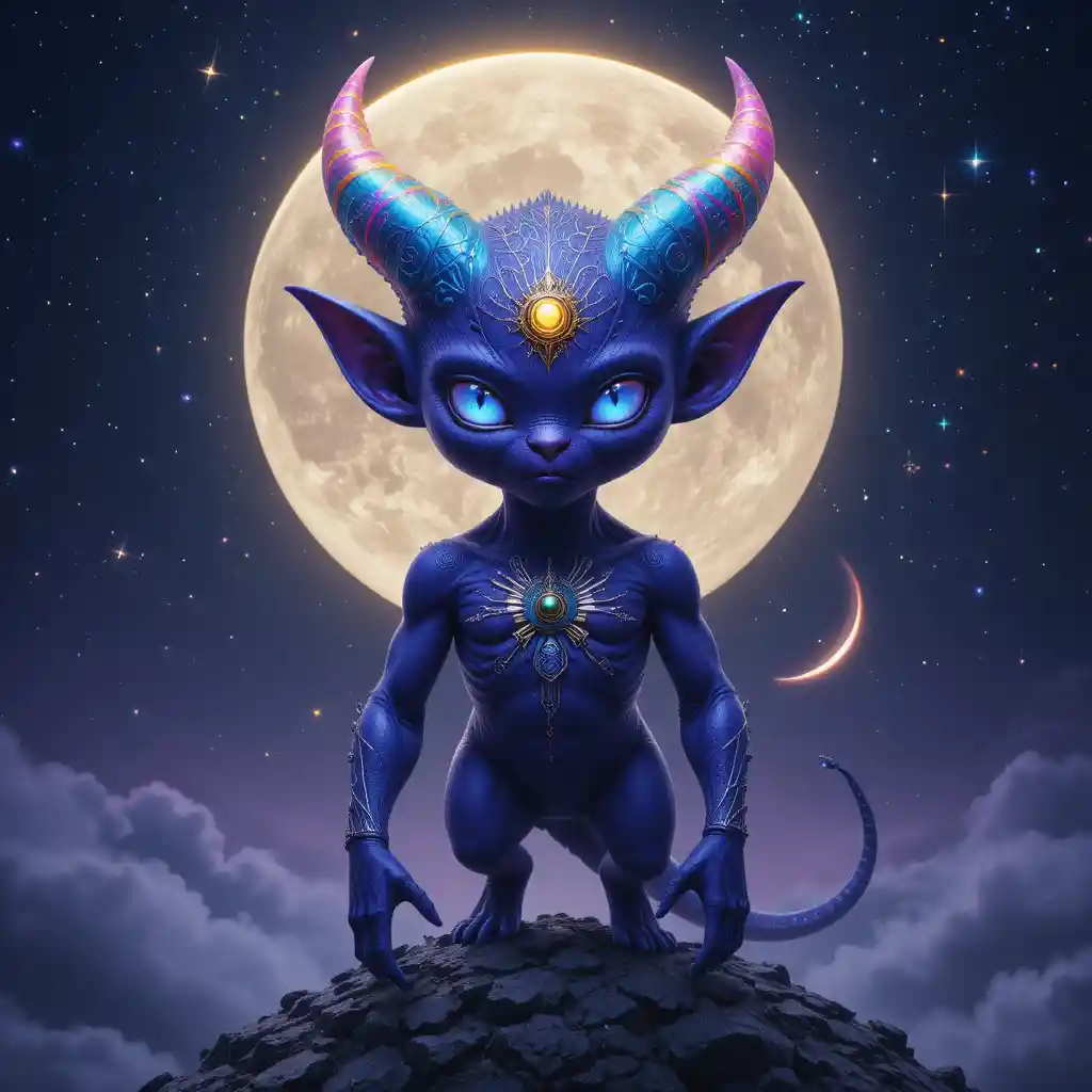 Mystic horned creature on a moonlit cosmic hill