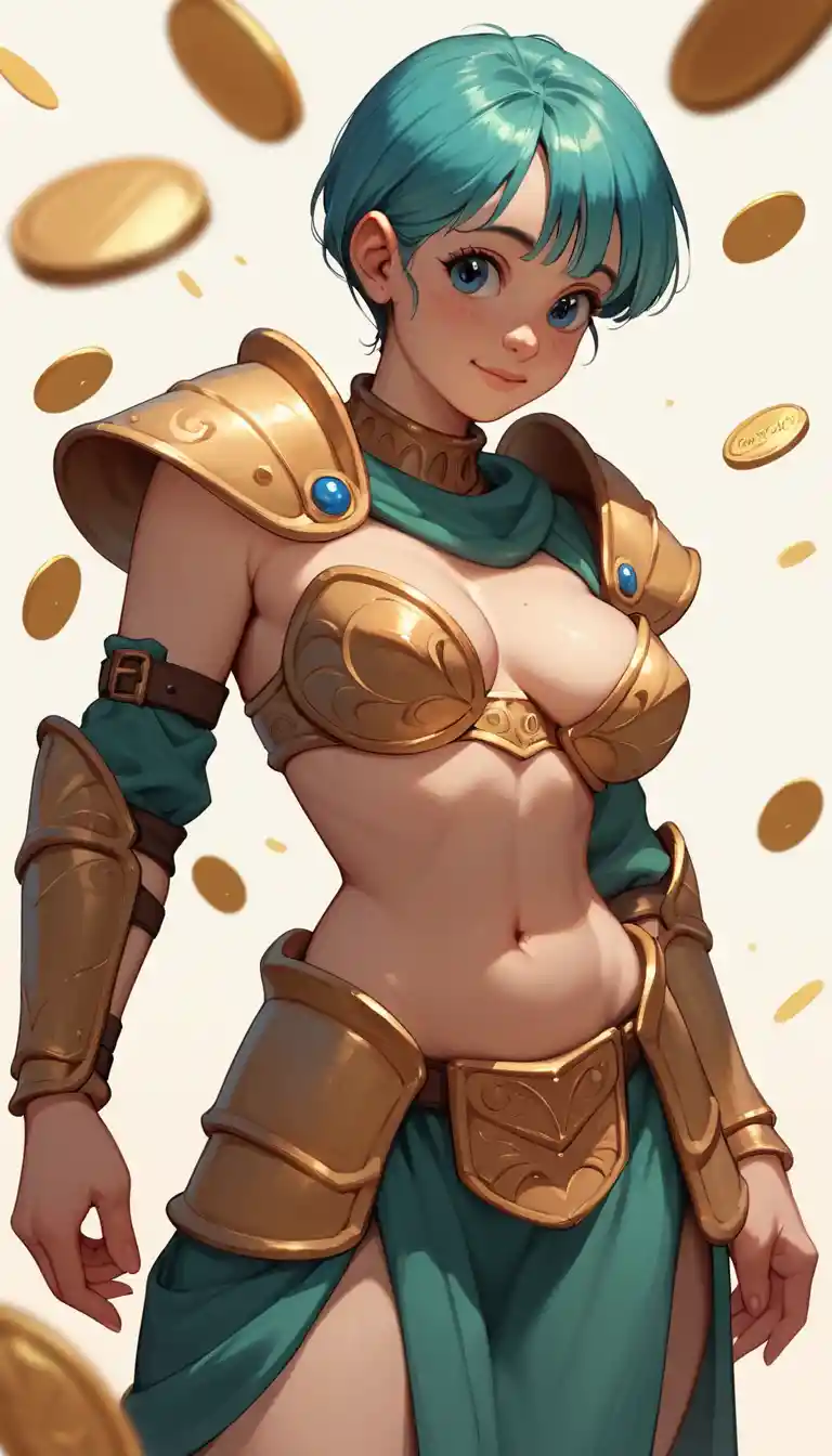 Festive anime warrior woman with gold coins and clovers