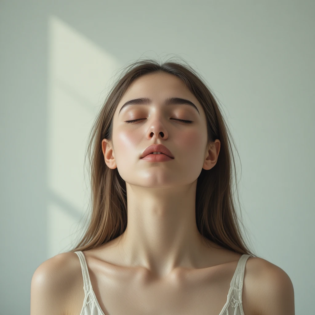Calm woman exhaling softly with closed eyes in soft light