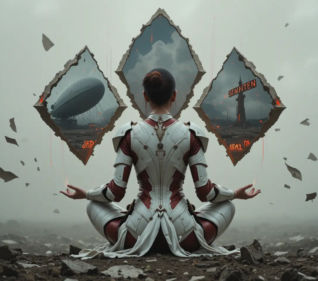 Sci fi woman tuning mirrored shards above a ruined world