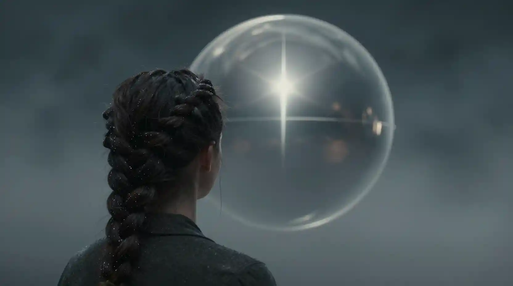 Woman with braided hair facing a reflective steel sphere