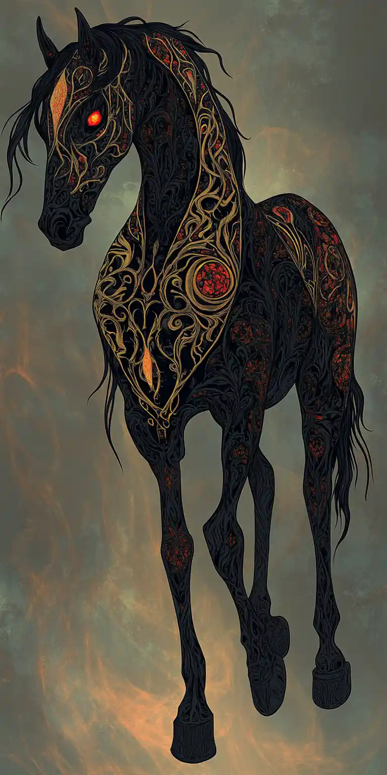 Cavalo de fantasia elegante com padrões góticos ornamentais