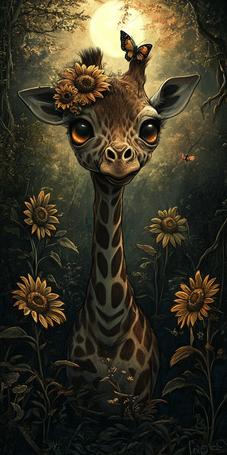 Baby-Giraffe auf einer schattigen, verwunschenen Waldlichtung