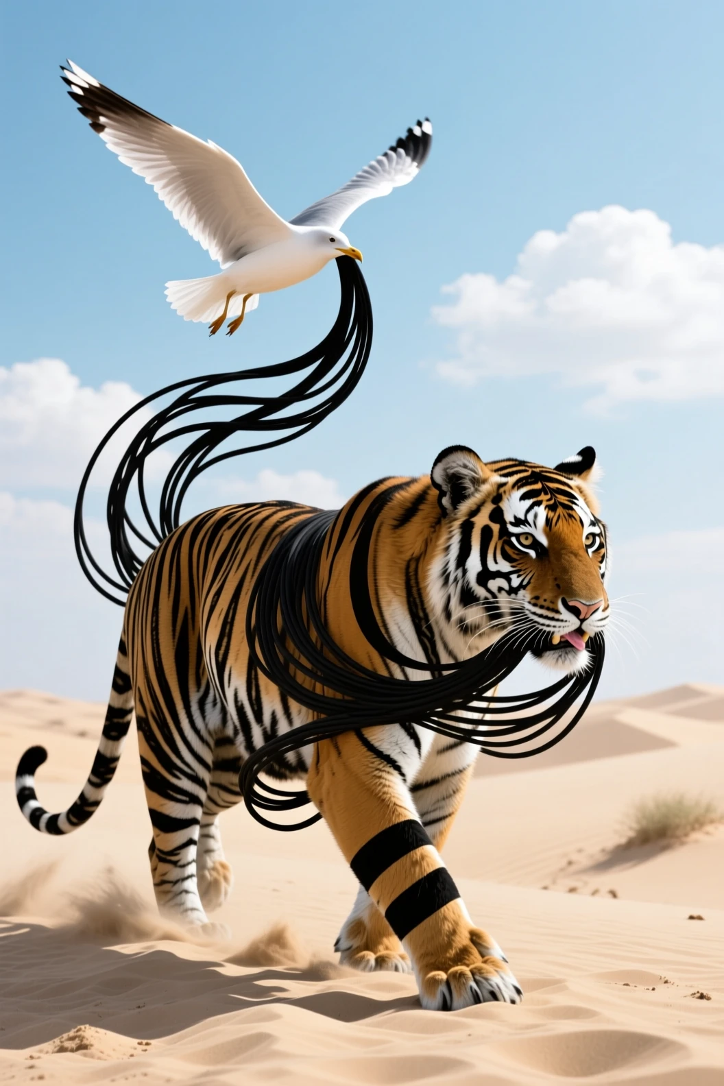 Tigre du Bengale surréaliste marchant sur des dunes de sable ensoleillées