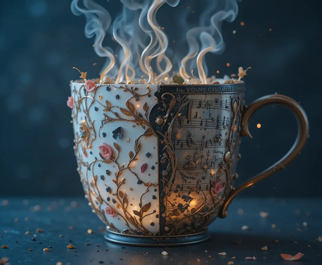 Tasse à café géométrique surréaliste se transformant en masque de carnaval ornementé