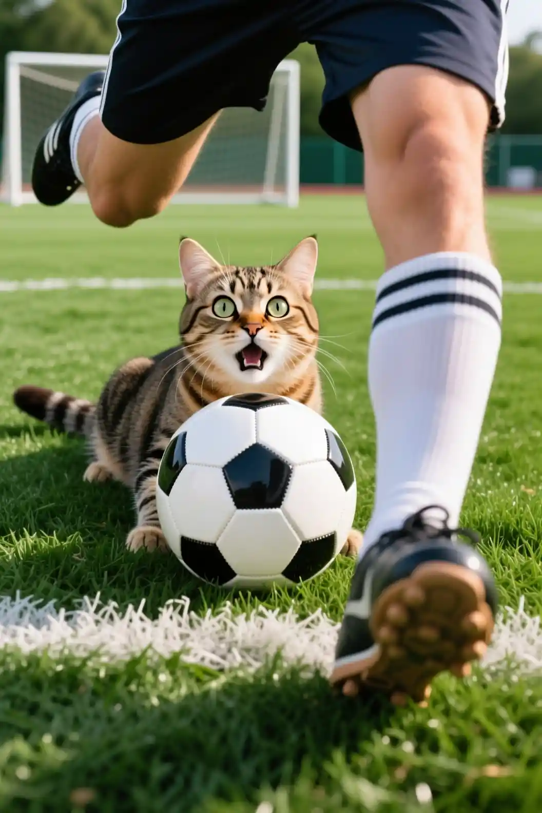 푸른 잔디 필드에서 축구공 뒤에 숨은 겁먹은 고양이