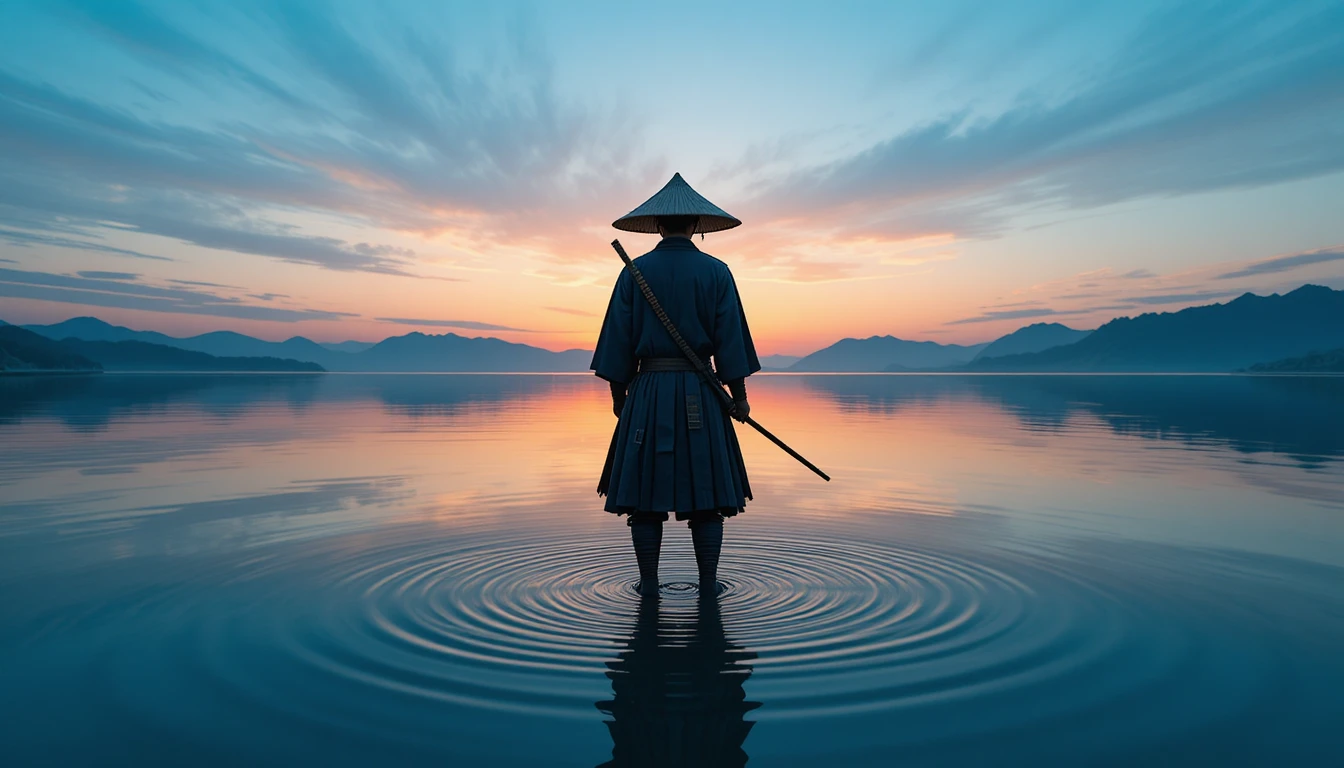 Samurai solitário em água espelhada ao nascer do sol
