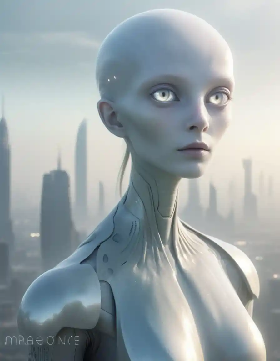 Figura alienígena andrógina contemplando ciudad futurista entre la niebla