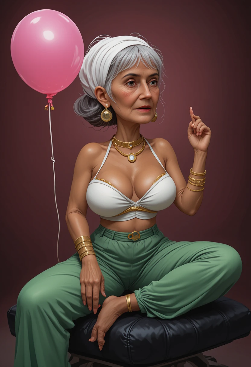 Donna formosa con foulard bianco in testa che tiene un palloncino rosa