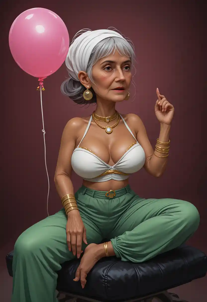 Femme pulpeuse portant un foulard blanc tenant un ballon rose