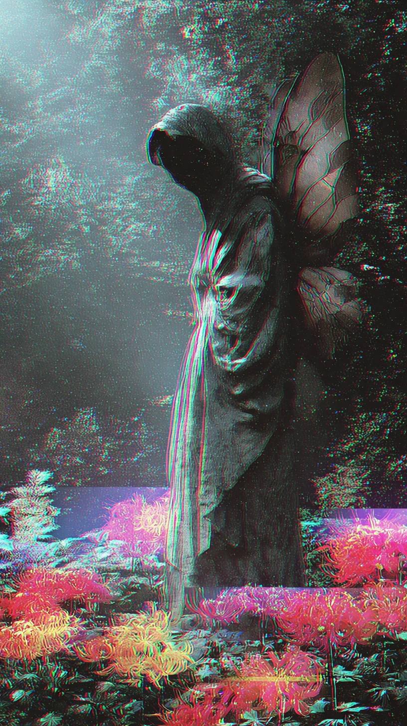 Figura di mostro sfocata in un giardino notturno neon in stile vaporwave
