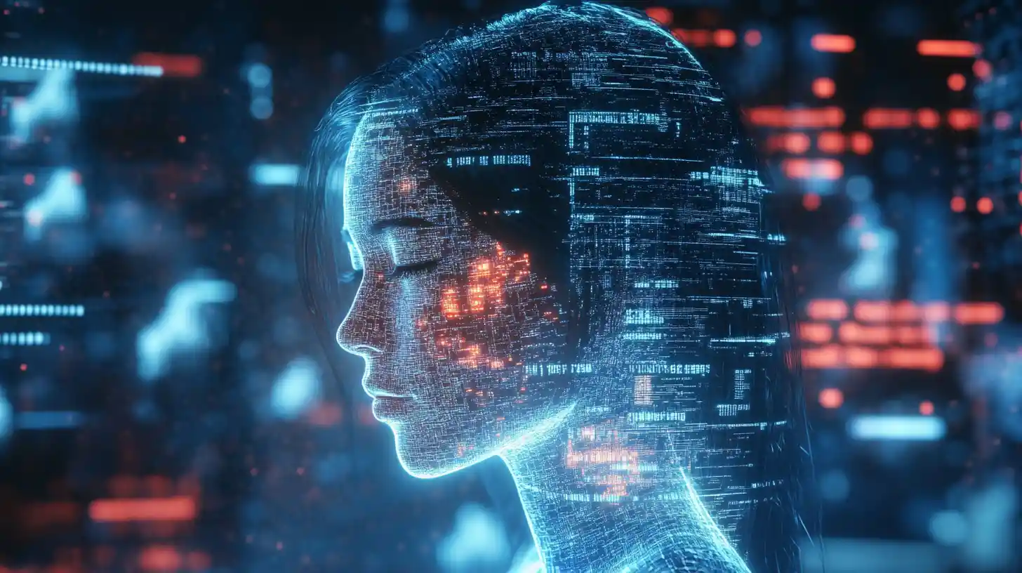 Holographic woman lounging in glitchy blue cyberspace