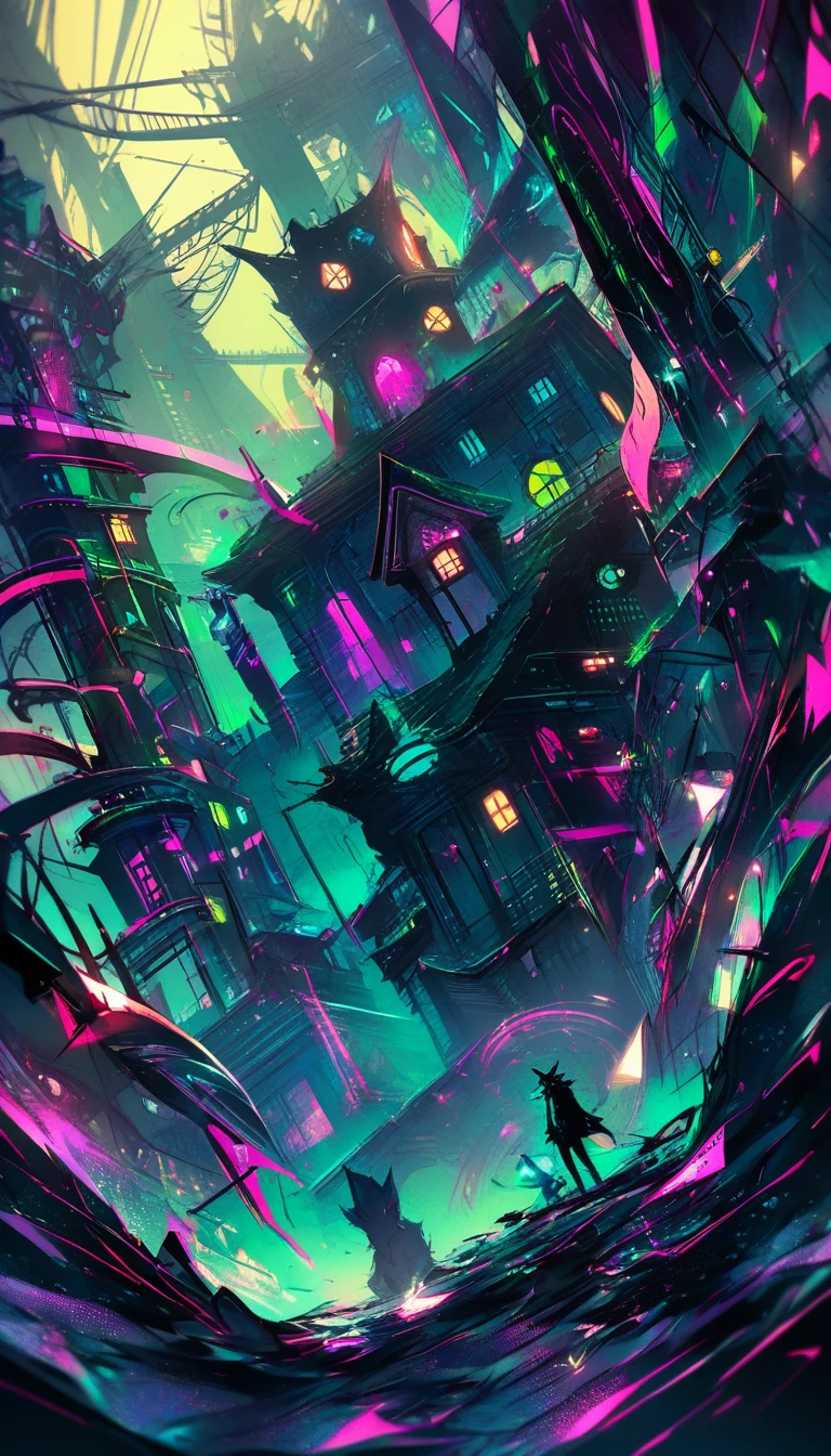 Espírito de Lobo Neon Surgindo das Janelas de uma Casa Urbana Escura