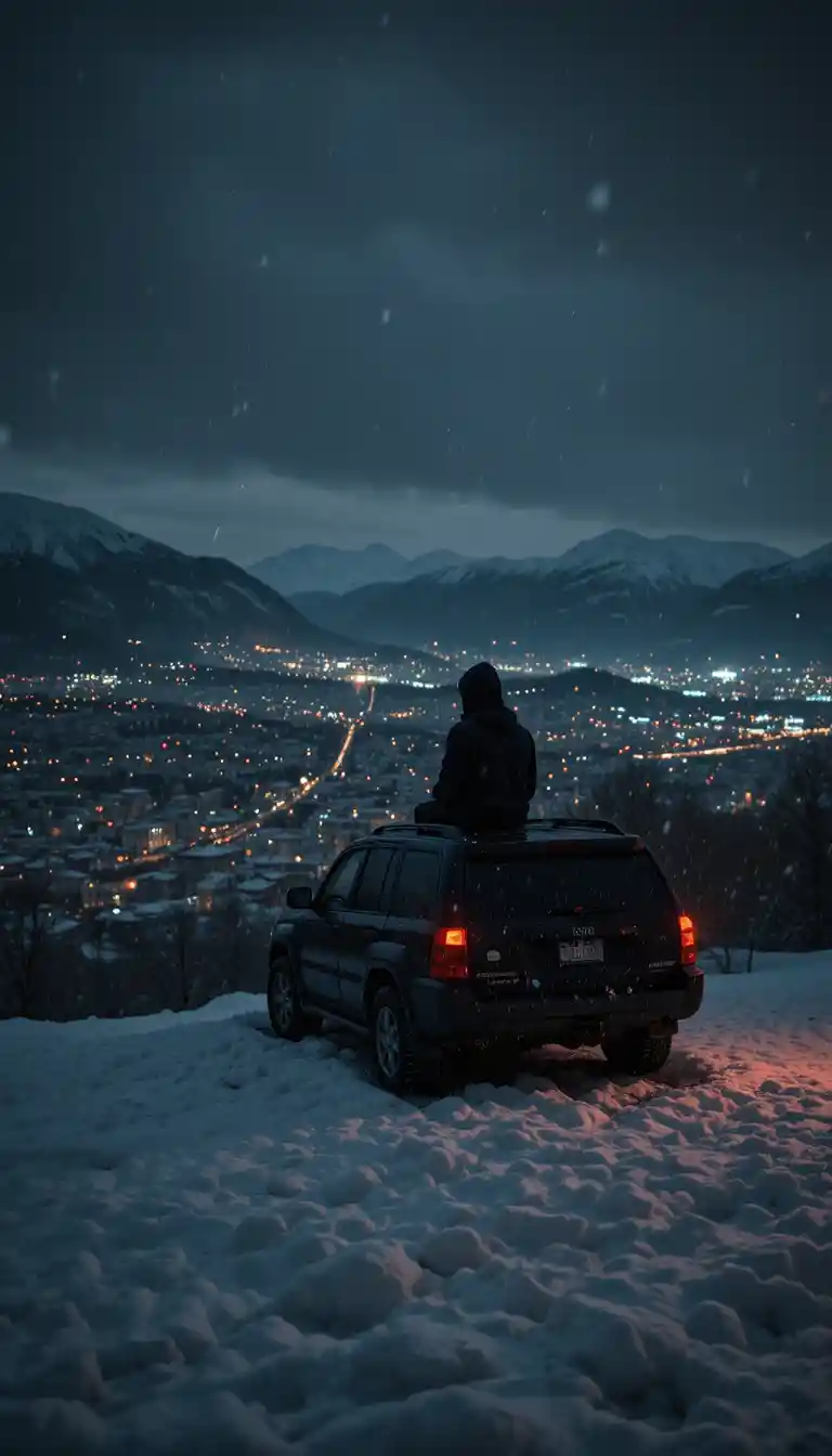 Einsame Person auf SUV über verschneitem Hügel mit Blick auf Stadtlichter