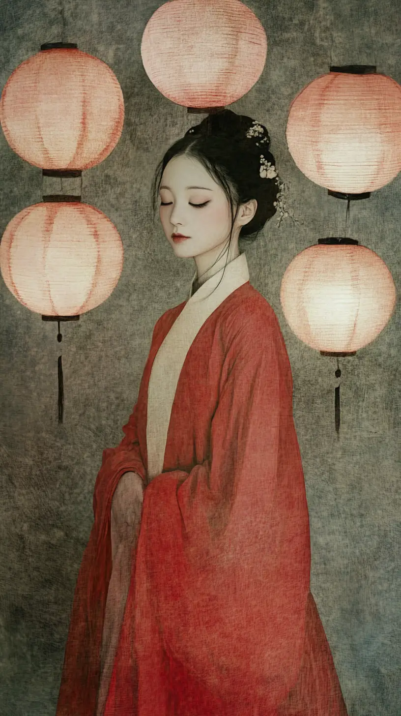 Traditional Chinese bride in red silk with glowing lanterns