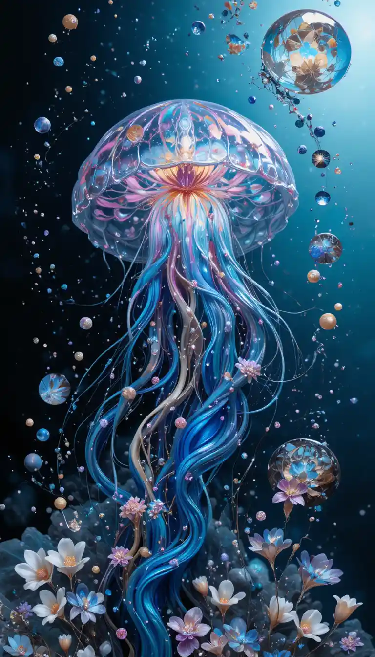 Bioluminescent Jellyfish Form In Liquid Crystal Abstract Art