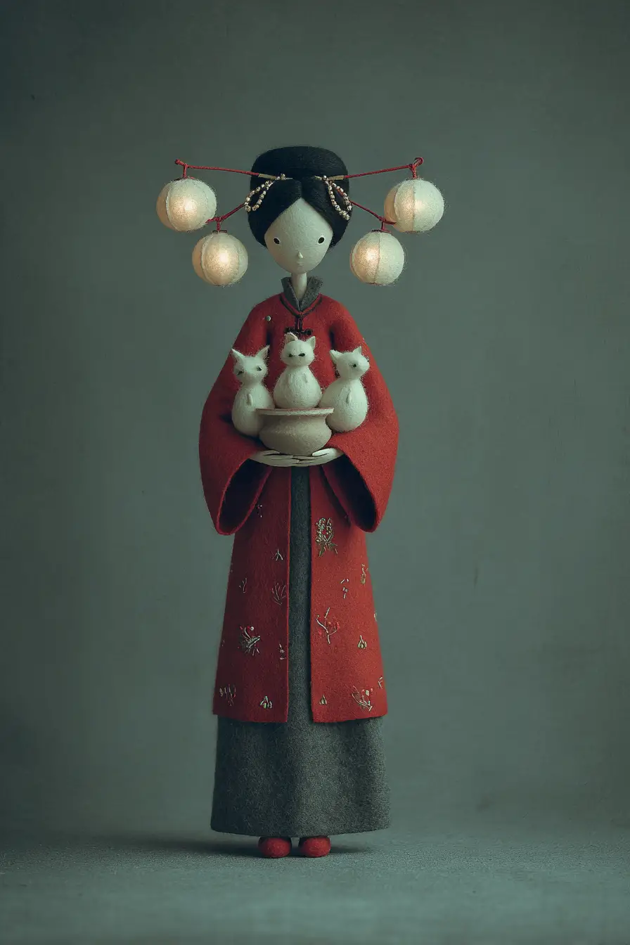 Traditional Chinese bride in red robe with glowing lanterns