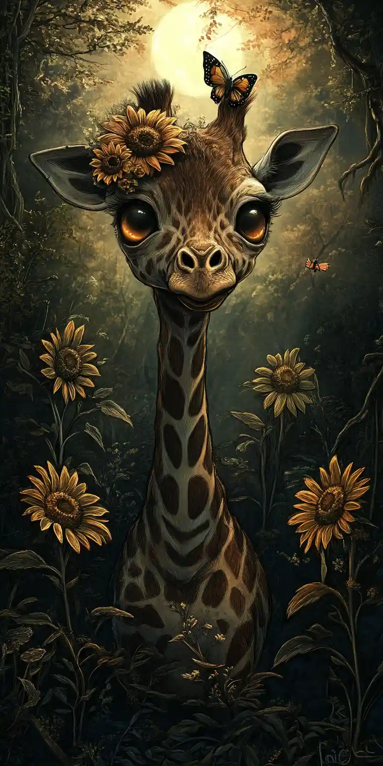 Bébé girafe dans une prairie ombragée de forêt enchantée