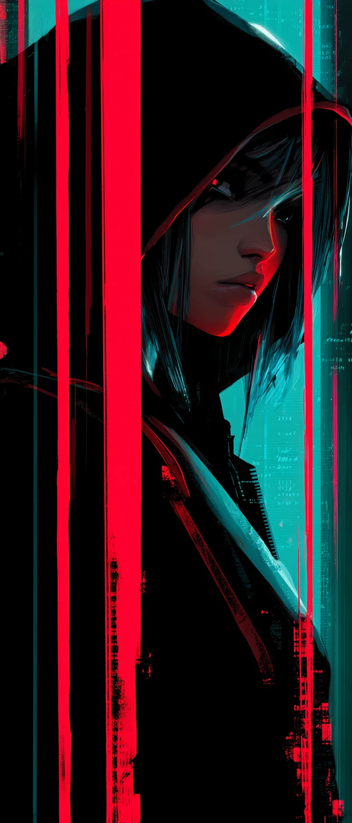 Garota hacker de capuz na chuva de dados neon cyberpunk