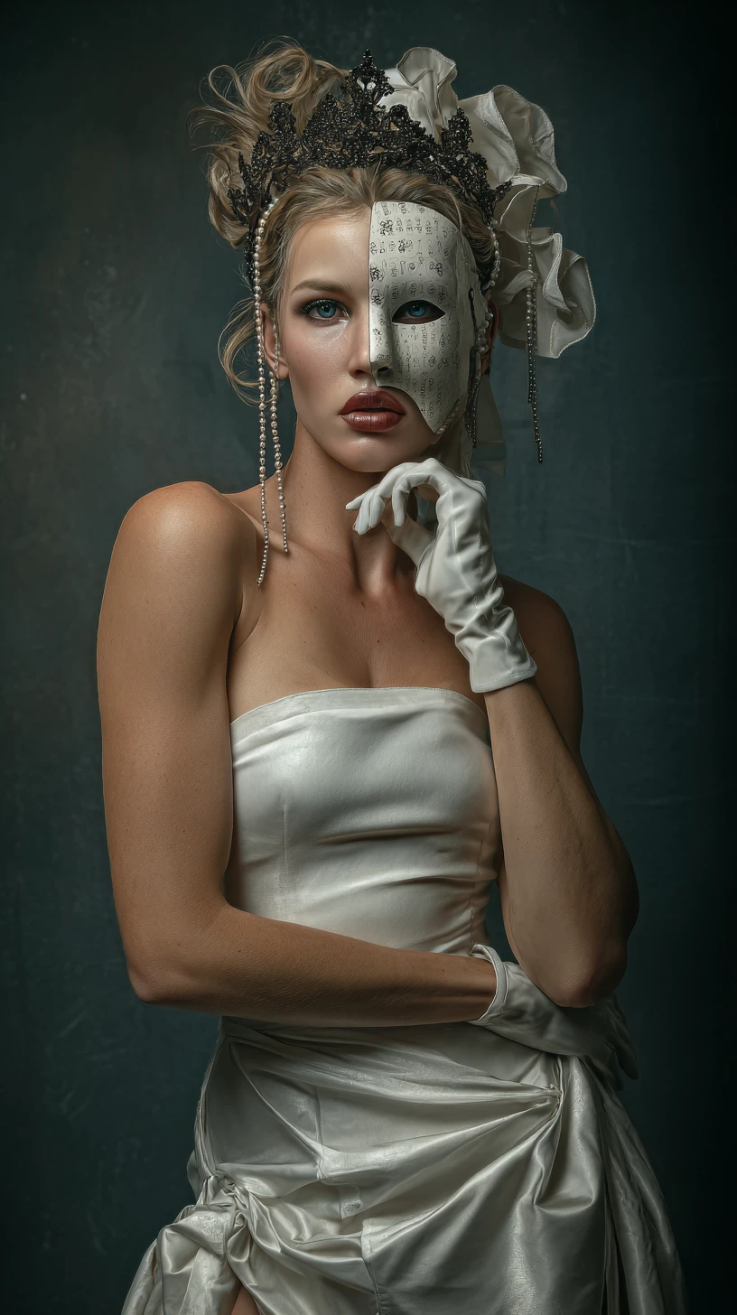 Donna pin up vintage con maschera di porcellana all’alba