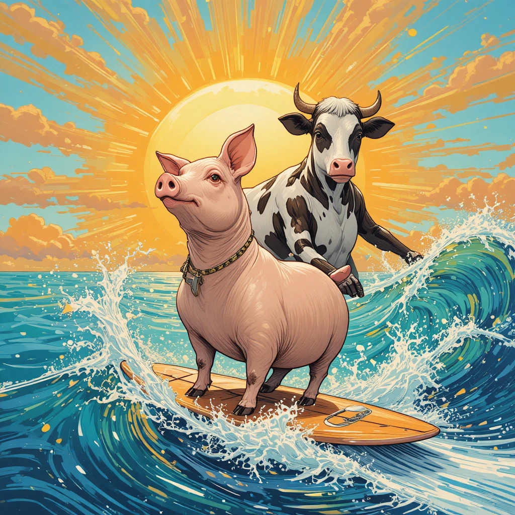 Schwein und Kuh surfen gemeinsam der leuchtenden Sonne entgegen