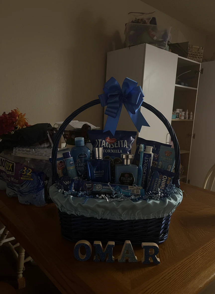 Cesta de presente azul de Dia dos Namorados com itens de higiene e snacks