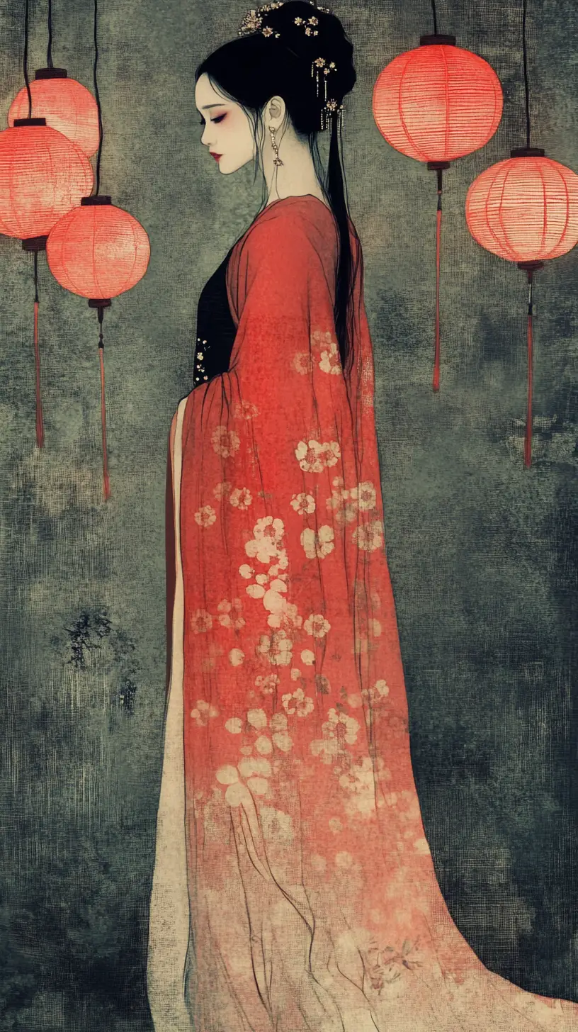 Traditional Chinese bride in red silk with glowing lanterns