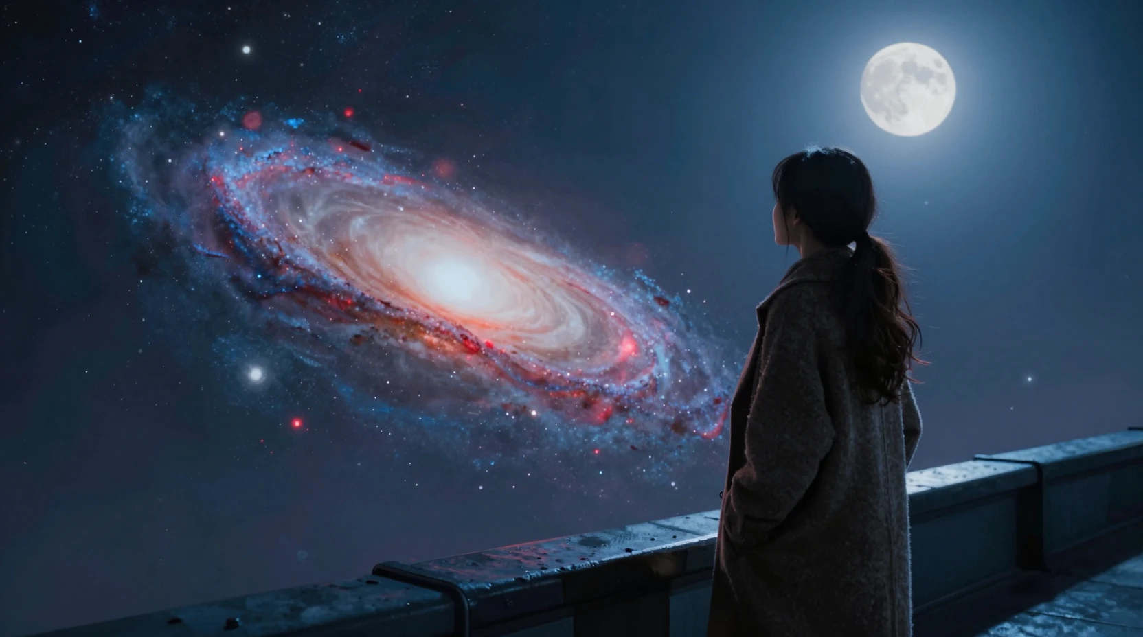 Femme sur une terrasse d’observation regardant des galaxies lointaines en collision