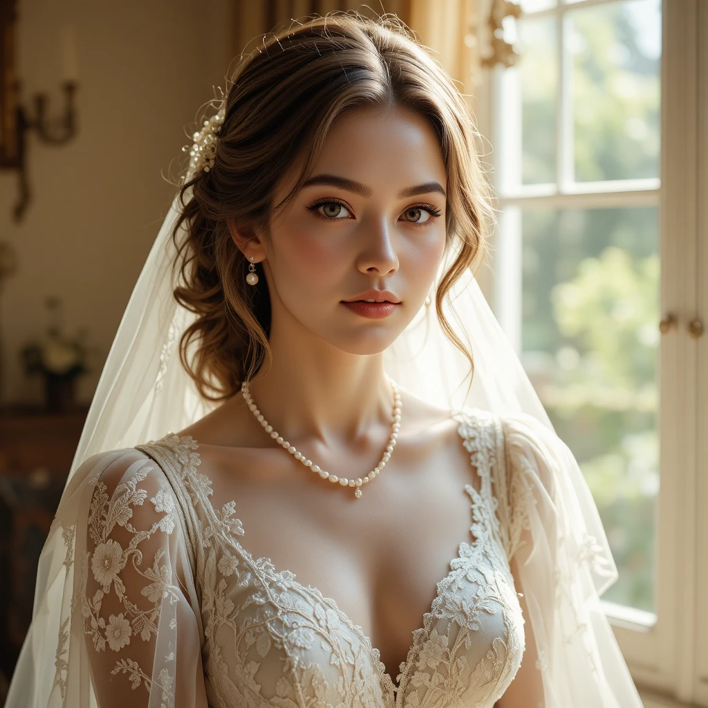 Romantic bridal portrait in vintage lace and pearls