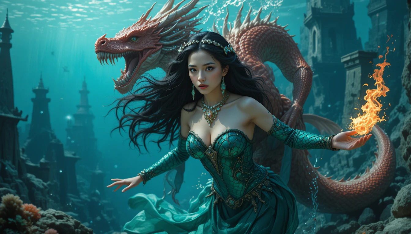 Combat sous-marin dynamique entre sirène et dragon rouge