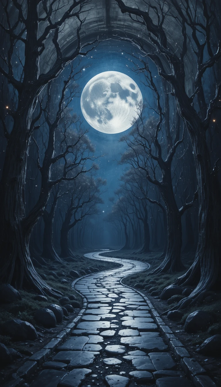 Labyrinthe métallique mystique sous un ciel nocturne au clair de lune