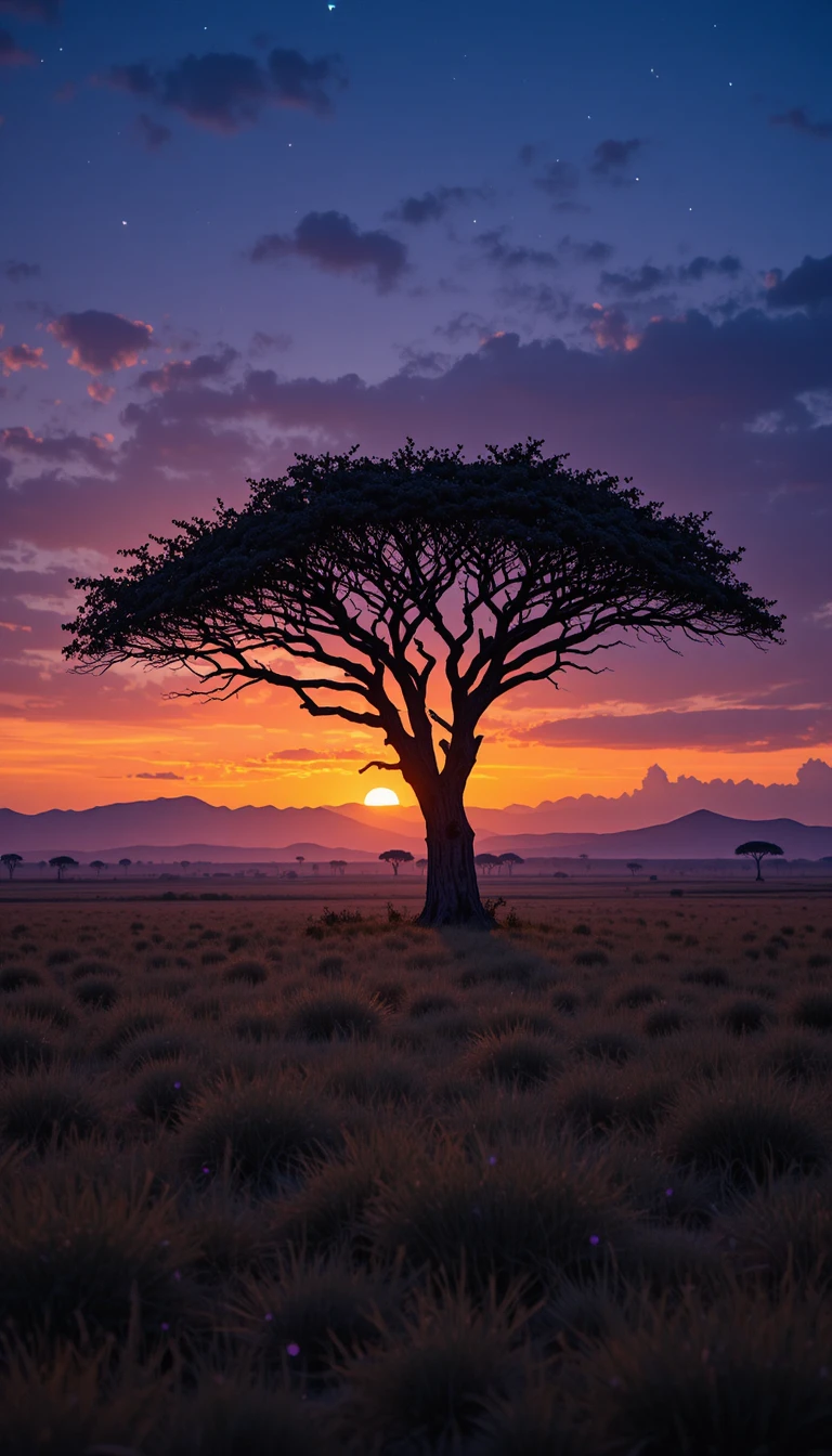 Acacia tree silhouette over twilight African savanna sky