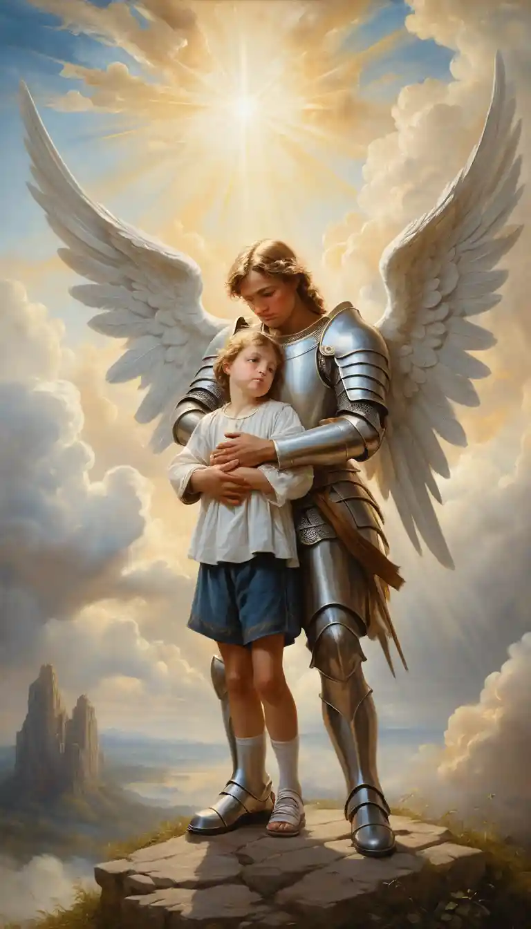 Guardian angel comforting a crying child in heavenly light